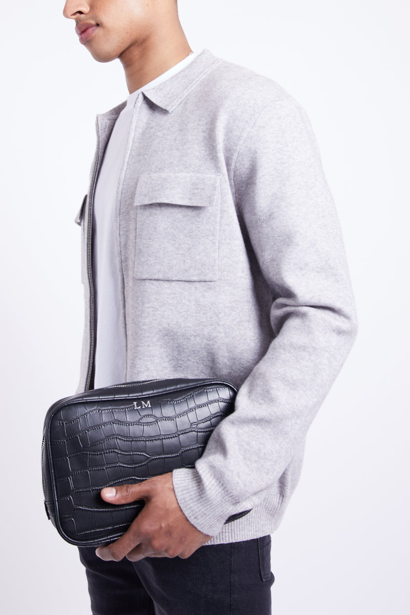 Personalised Leather Wash Bag Black Croc with Silver Hardware