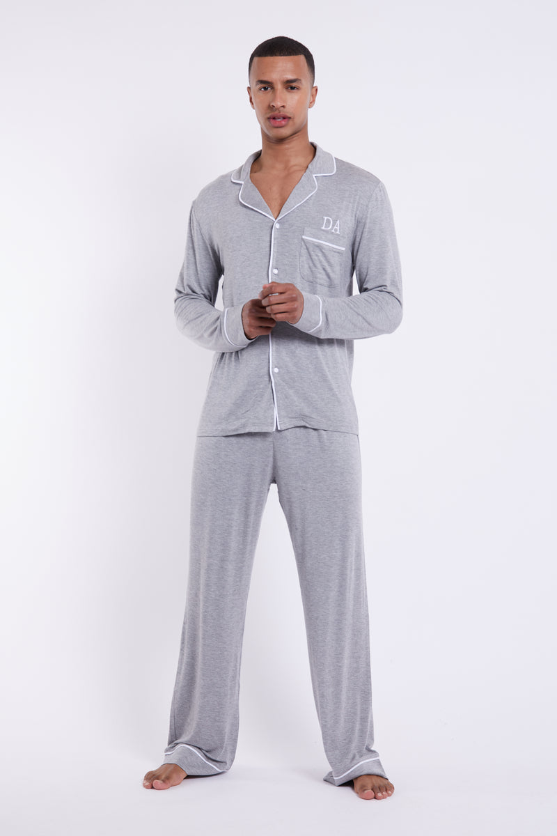 Personalised Mens Button Down Jersey Pyjama Set Grey
