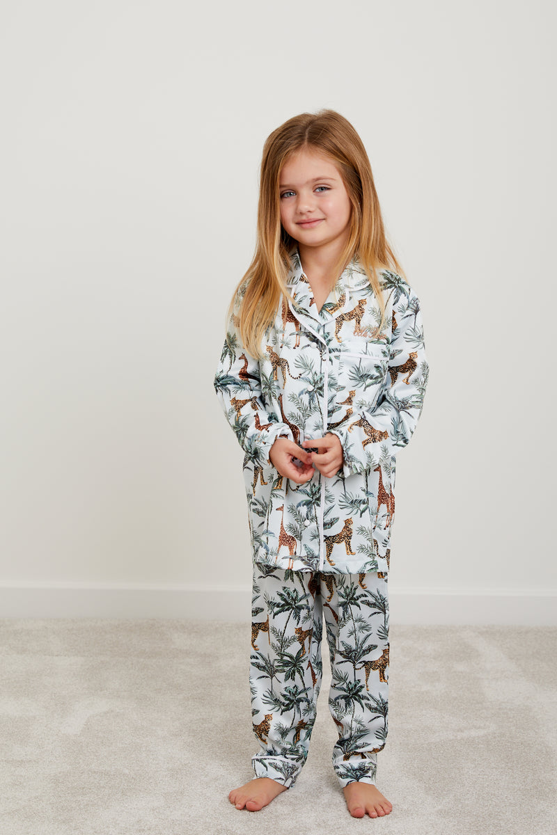 Personalised Girls Satin Long Sleeve Pyjama Set Safari