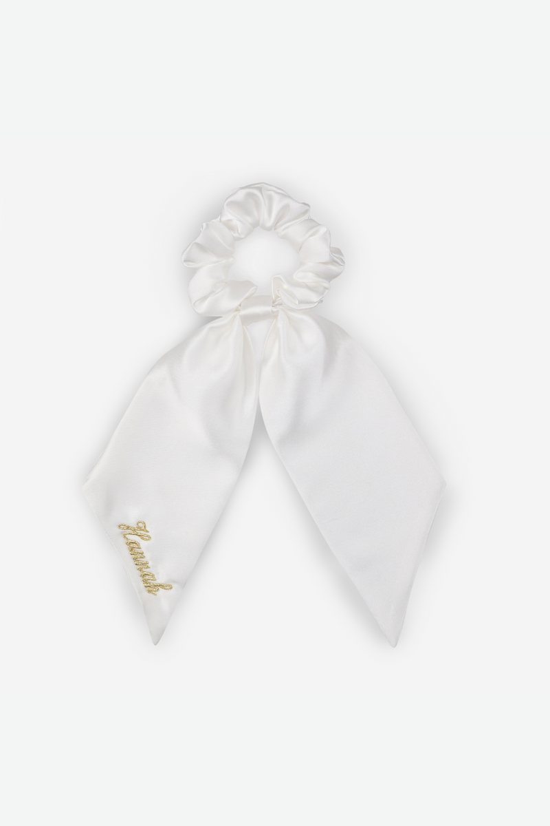 Personalised Bridal Luxury Satin Hair Ribbon Scrunchie White HA