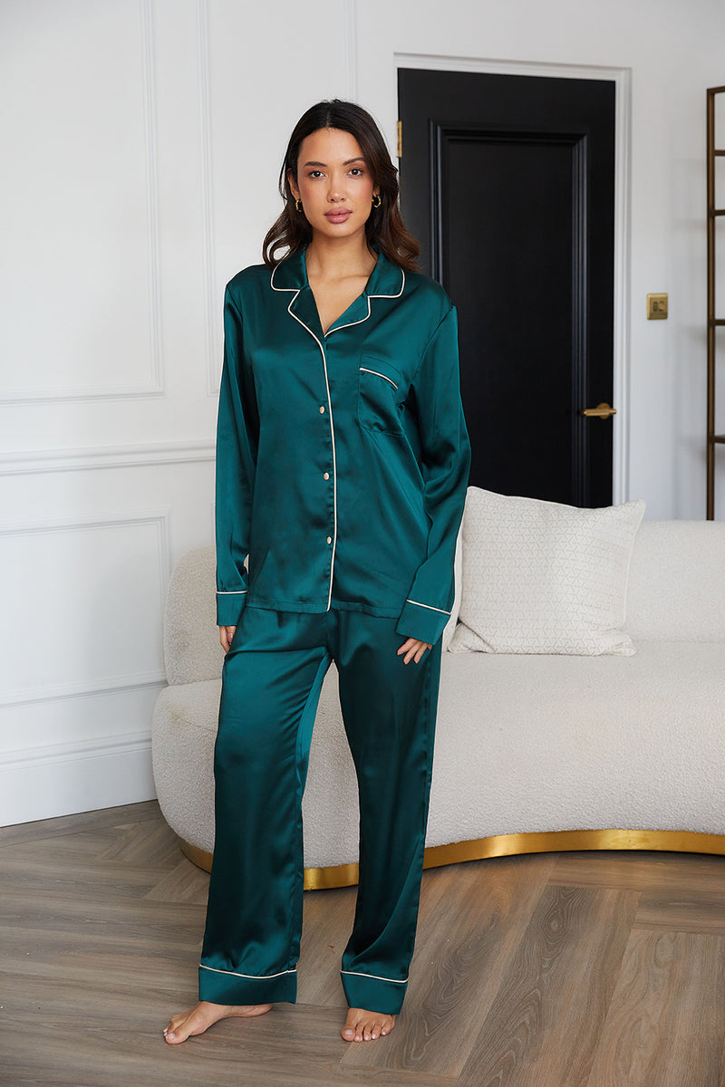 Personalised Luxury Satin Long Sleeve Pyjama Set - Forest Green – HA ...
