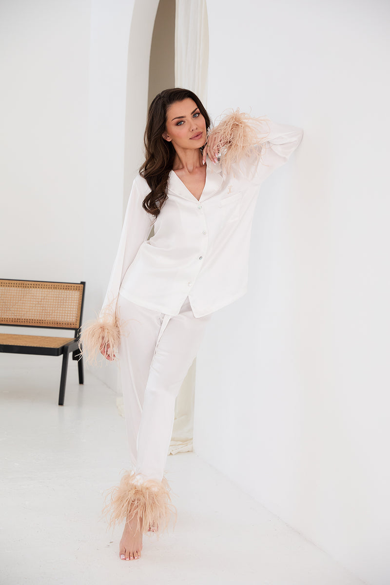 Personalised Luxury Satin Long Sleeve Pyjama Set With Feather - White ...