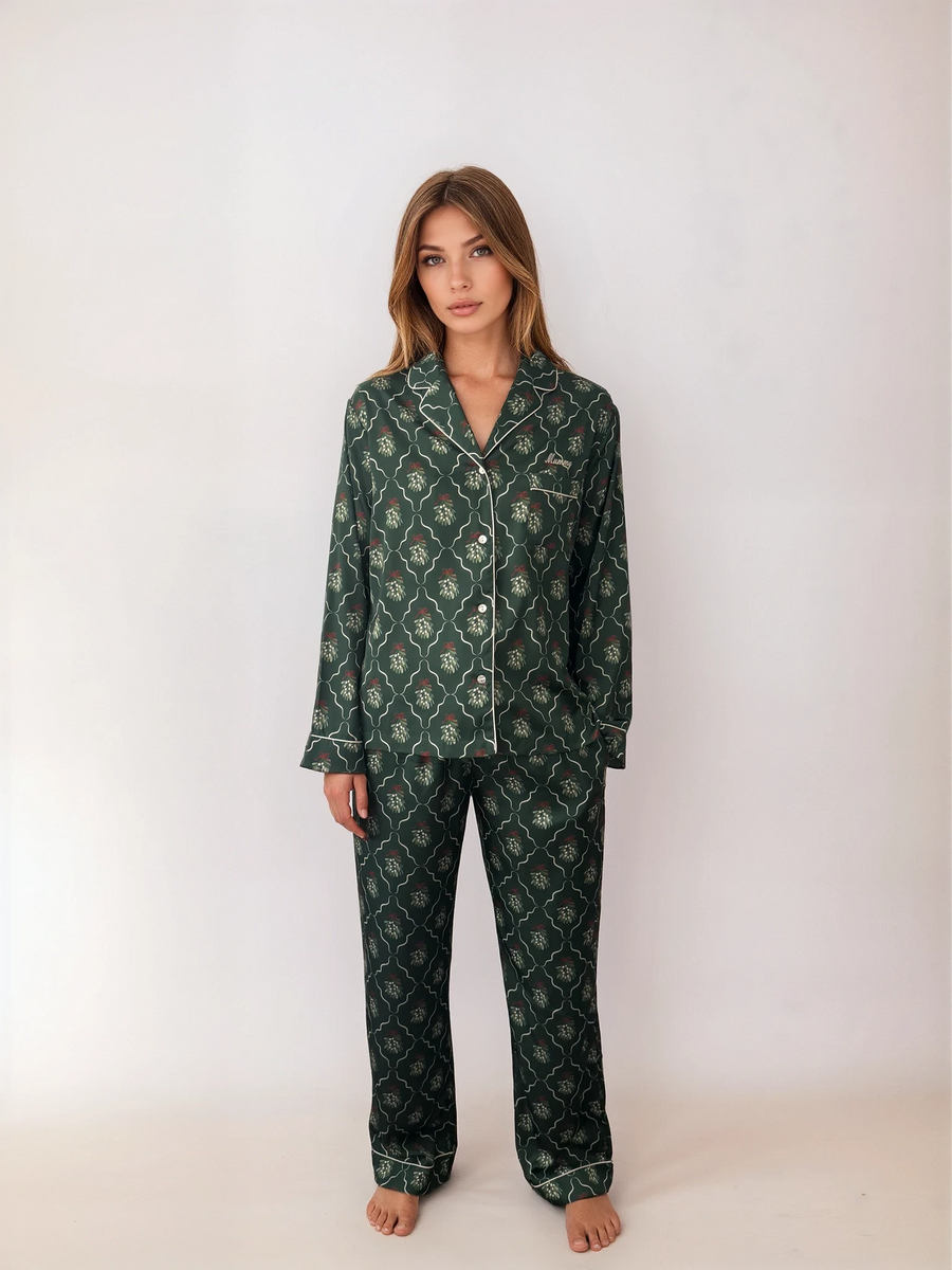 Personalised Luxury Christmas Satin Long Sleeve Pyjama Set - Mistletoe