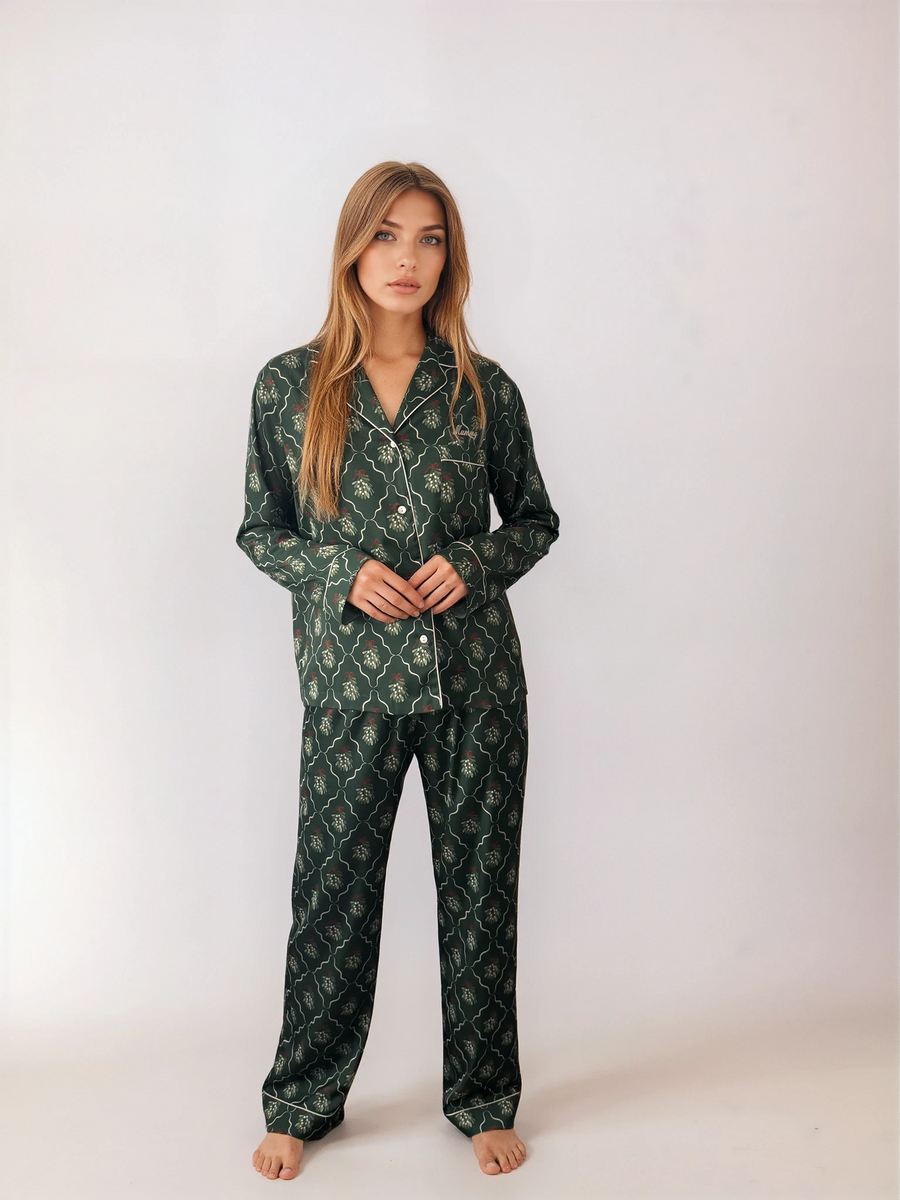 Personalised Luxury Christmas Satin Long Sleeve Pyjama Set - Mistletoe