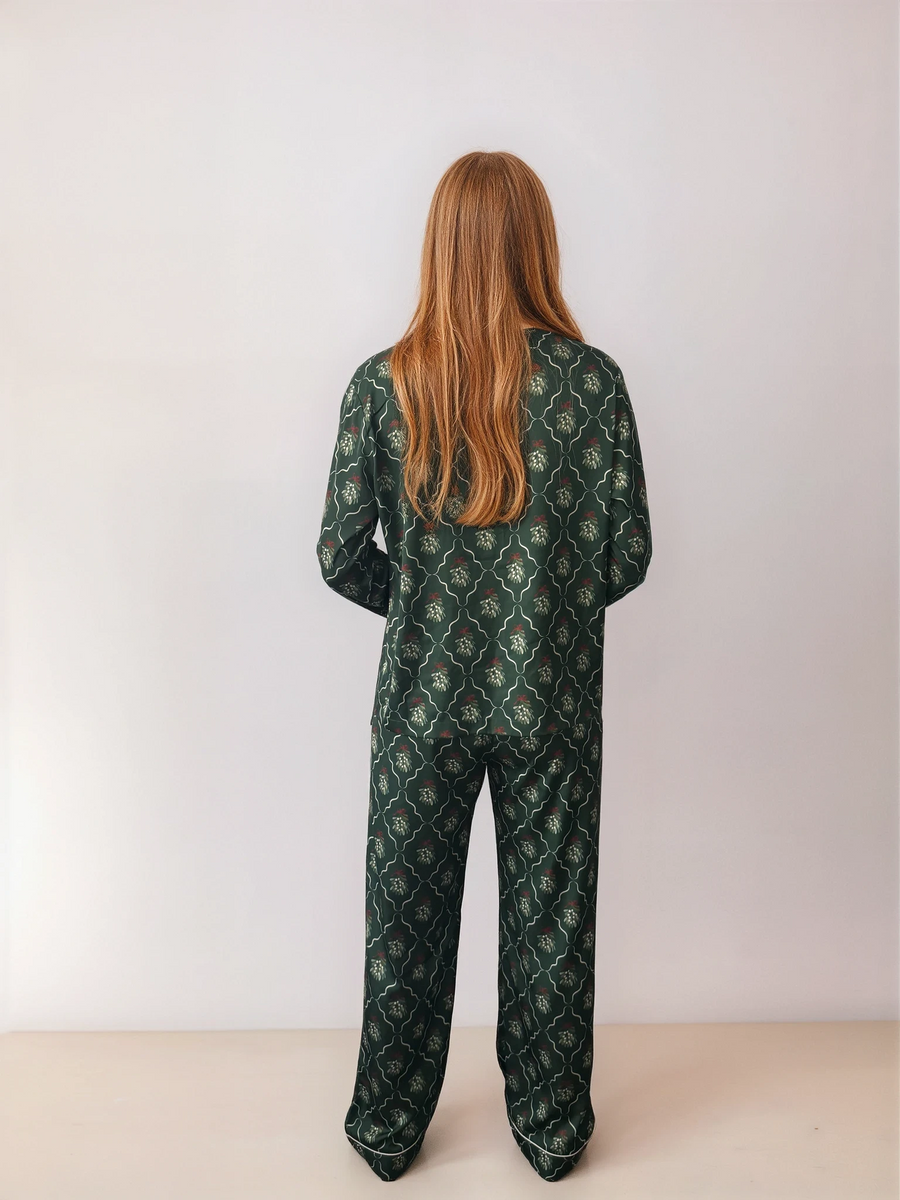 Personalised Luxury Christmas Satin Long Sleeve Pyjama Set - Mistletoe