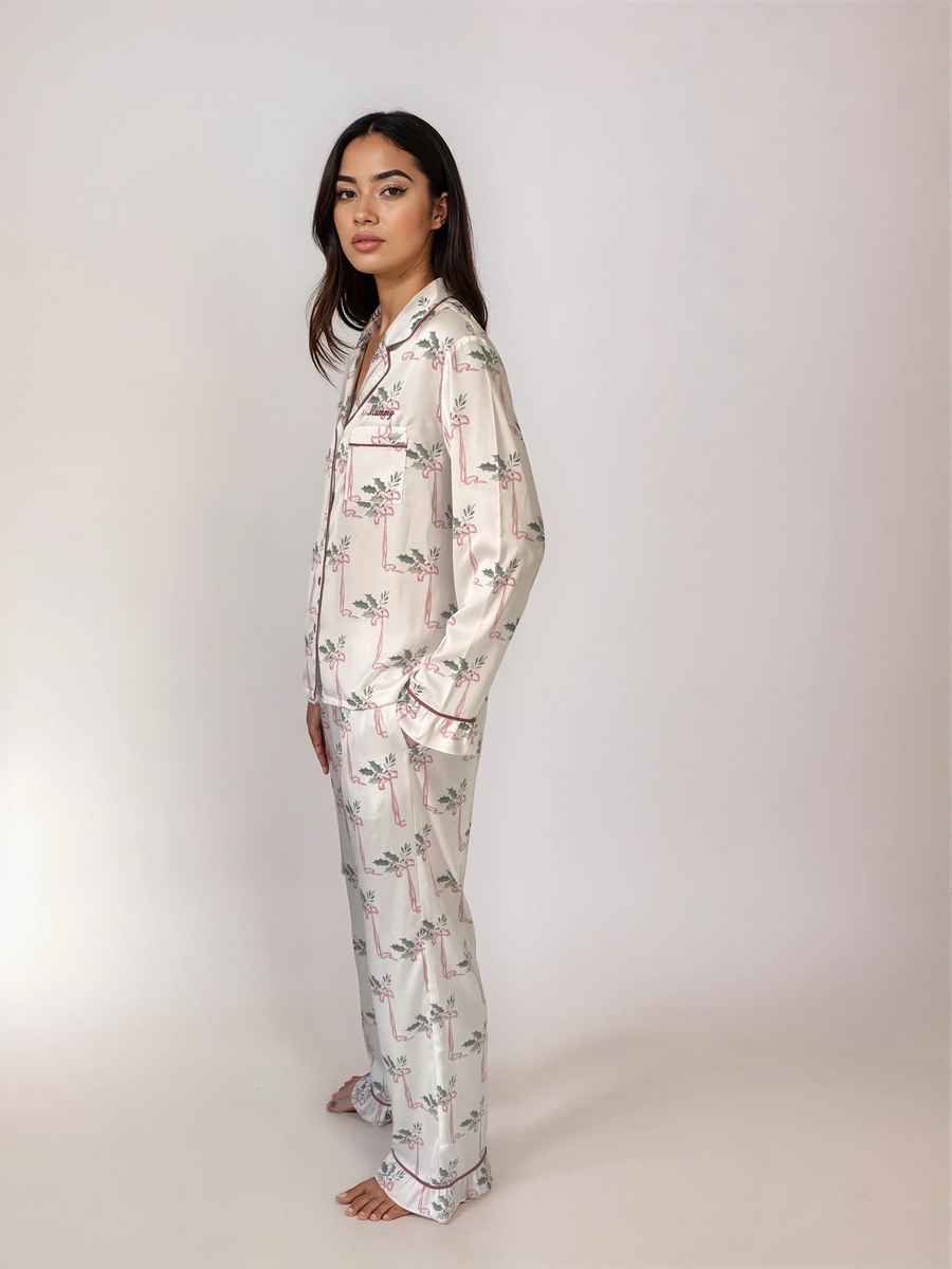 Personalised Luxury Christmas Satin Frill Long Sleeve Pyjama Set - Holly