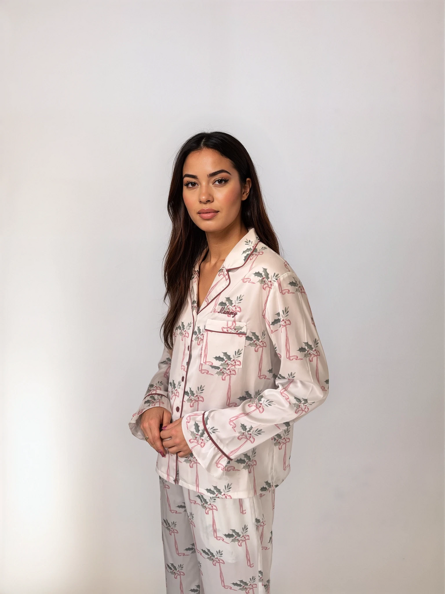 Personalised Luxury Christmas Satin Frill Long Sleeve Pyjama Set - Holly
