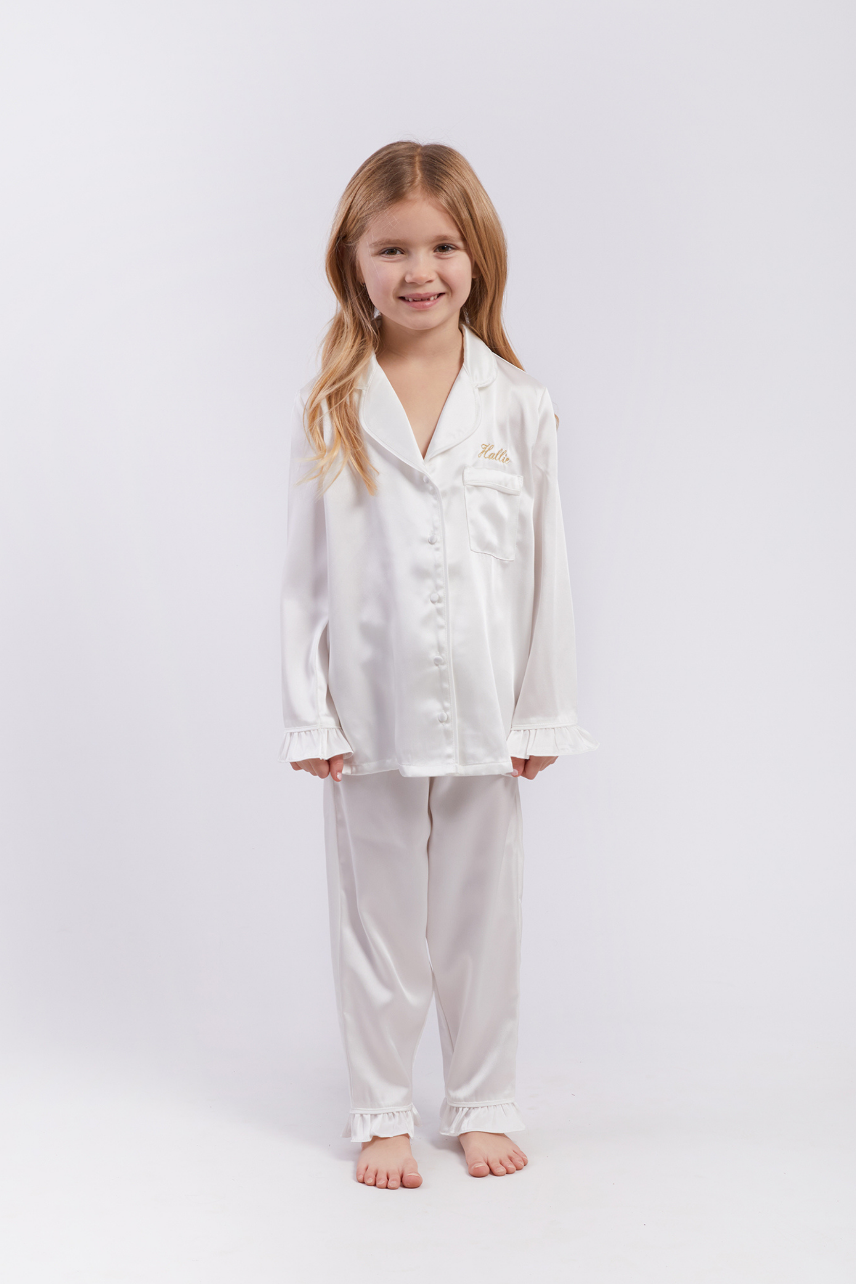 Personalised Girls Luxury Satin Frill Long Sleeve Pyjama Set