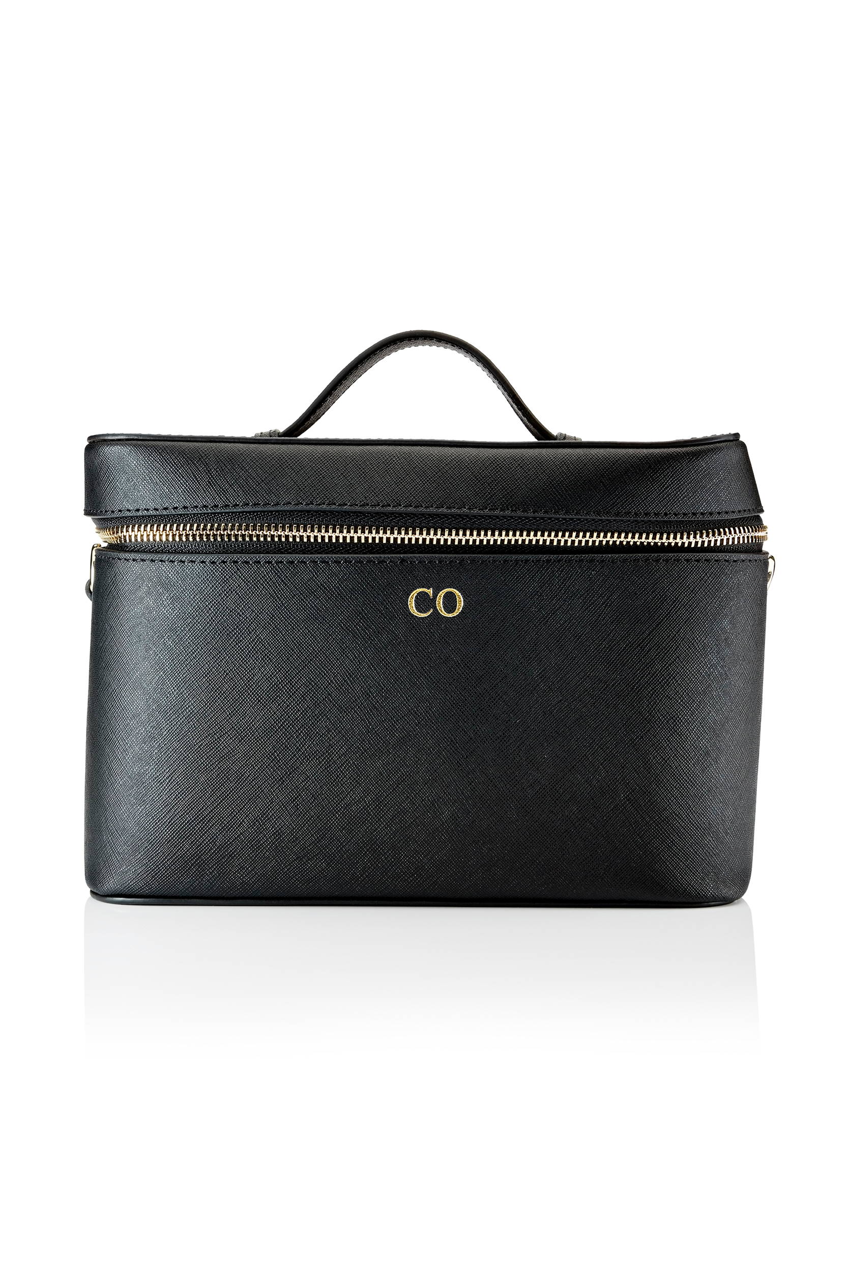 Personalised Leather Make Up Box Black Saffiano with Gold